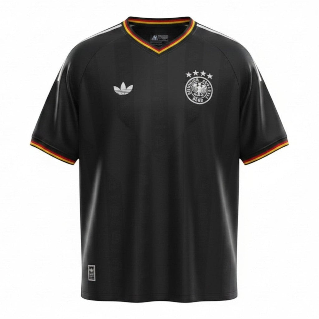 Hinchas Sportswear Store: Black Adidas Originals Germany retro football jersey with white stripes and German flag details on collar and cuffs.