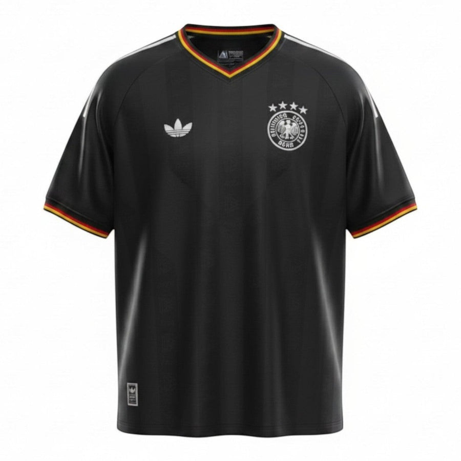 Hinchas Sportswear Store: Black Adidas Originals Germany retro football jersey with white stripes and German flag details on collar and cuffs.