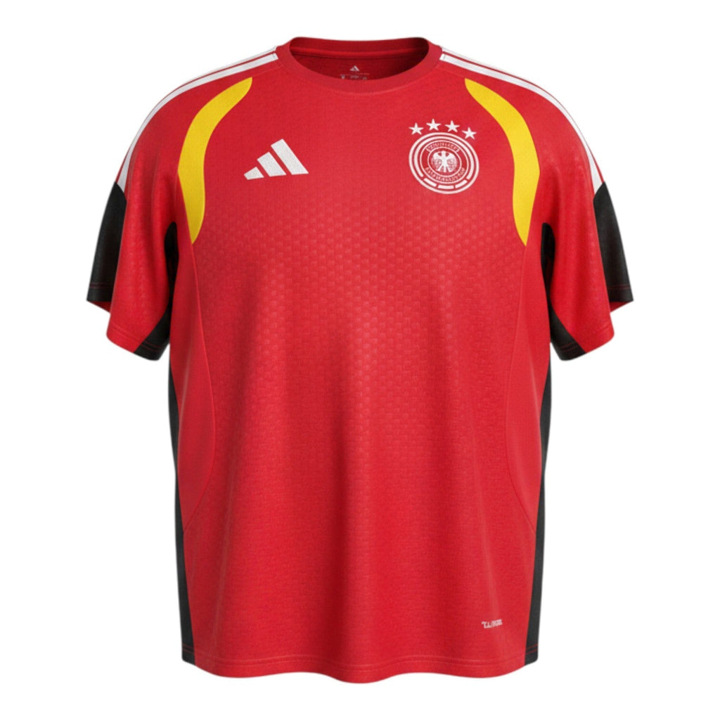 Hinchas Sportswear Store Germany 2026 red, black, and yellow Climacool training jersey with white Adidas stripes on shoulders and DFB crest.