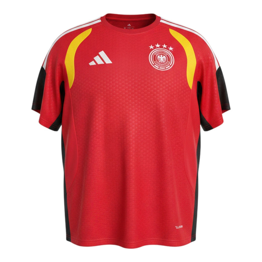 Hinchas Sportswear Store Germany 2026 red, black, and yellow Climacool training jersey with white Adidas stripes on shoulders and DFB crest.