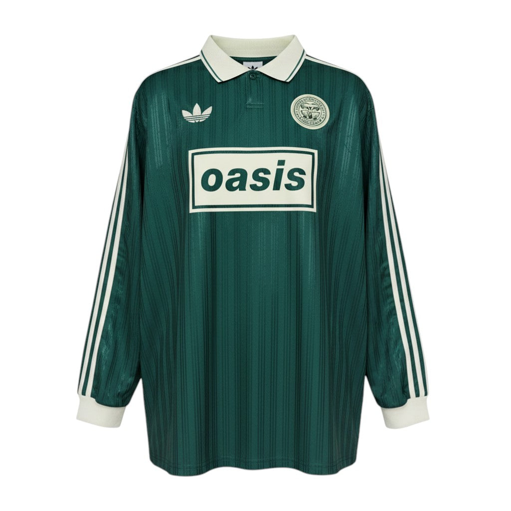 Hinchas Sportswear Store green long sleeve Adidas x Oasis retro jersey with white collar, chest sponsor, and embroidered logos.