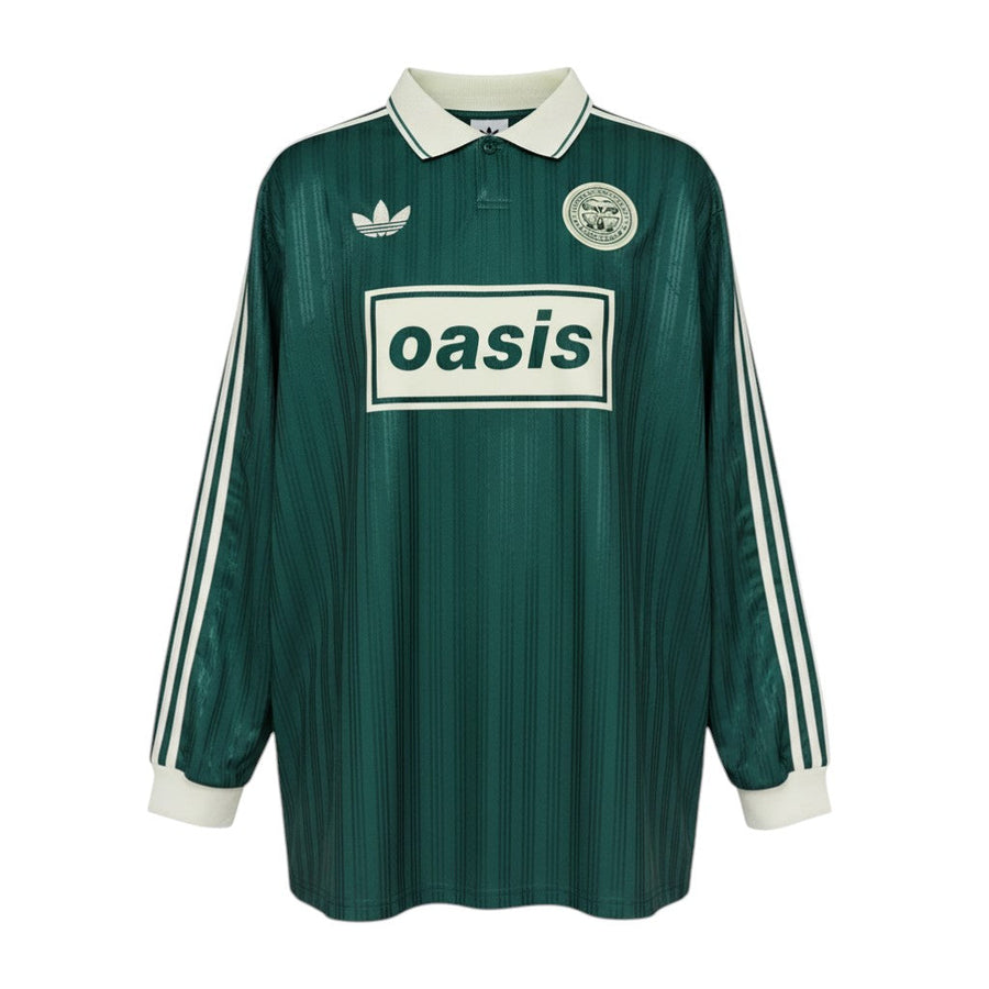 Hinchas Sportswear Store green long sleeve Adidas x Oasis retro jersey with white collar, chest sponsor, and embroidered logos.