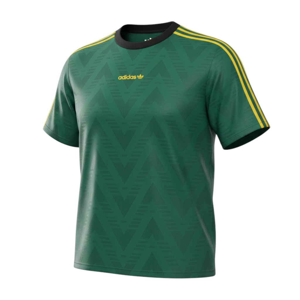 Hinchas Sportswear Store green Adidas Originals retro tee with yellow stripes on shoulders and yellow Trefoil logo.