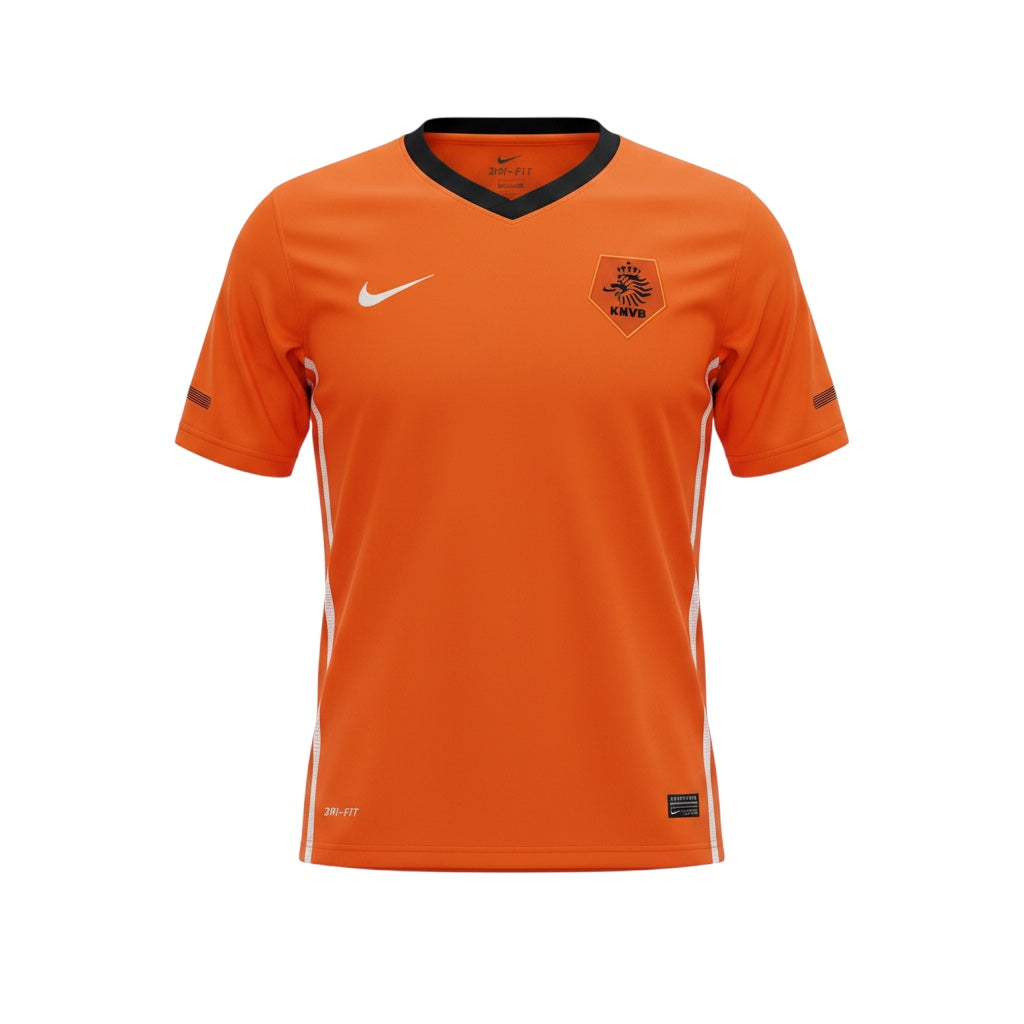 Camiseta retro naranja de local de Holanda 2010 de Nike Dri-FIT con cuello en V negro y detalles blancos en los laterales.