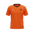 Camiseta retro naranja de local de Holanda 2010 de Nike Dri-FIT con cuello en V negro y detalles blancos en los laterales.