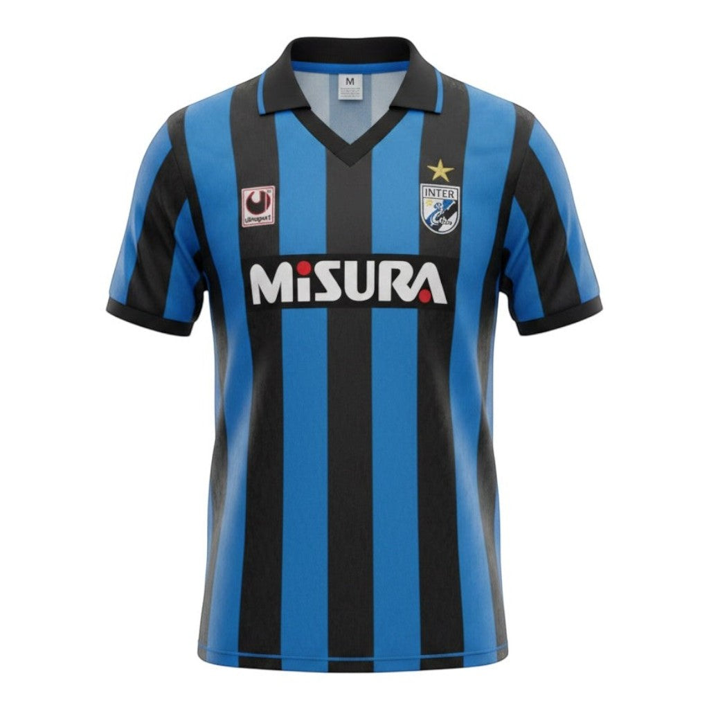 Hinchas Sportswear Store Inter Milan 1988 retro jersey with blue and black vertical stripes, V-neck, Misura sponsor, Uhlsport logo, and Inter crest.