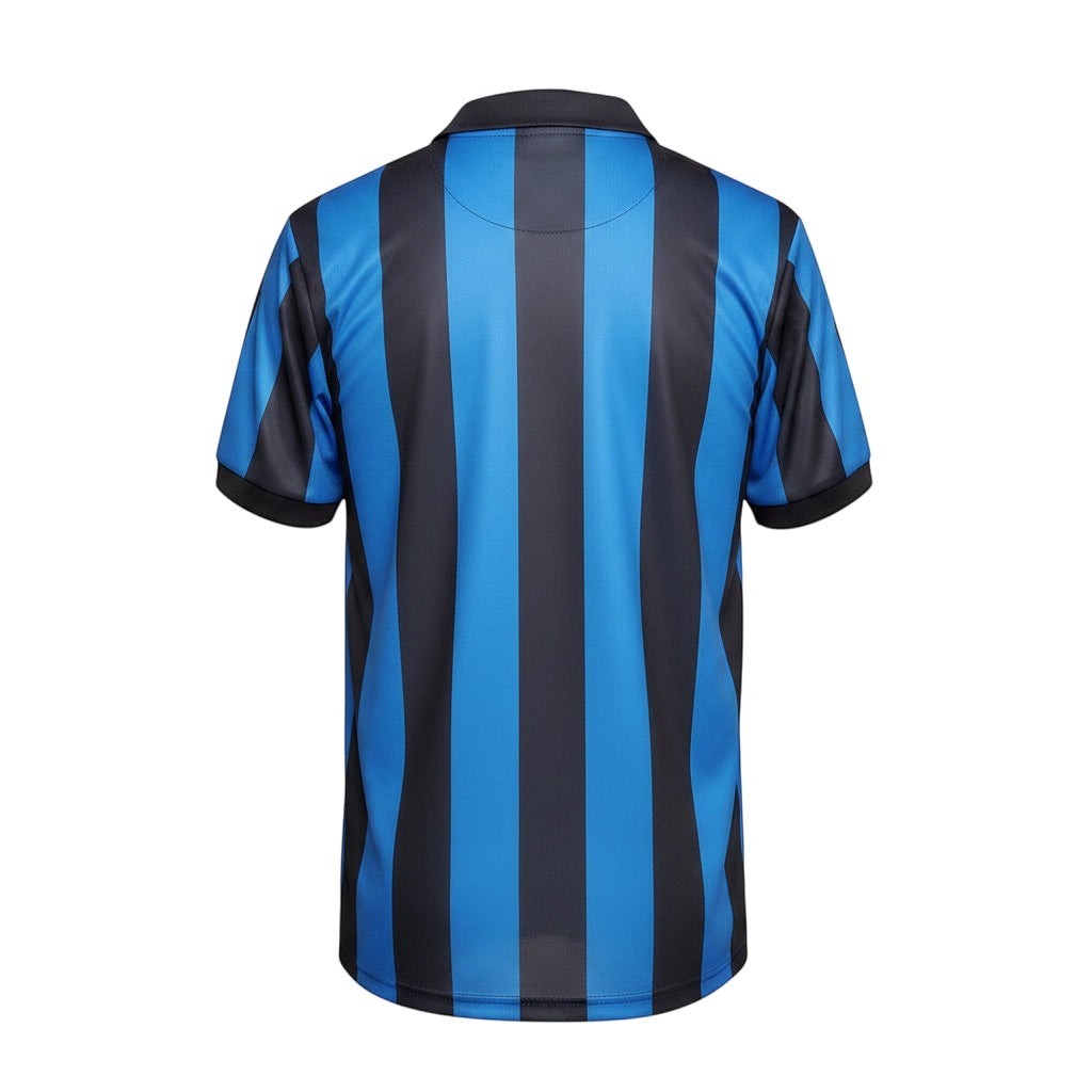 Hinchas Sportswear Store Inter Milan 1988 retro jersey with blue and black vertical stripes, black collar and cuffs.
