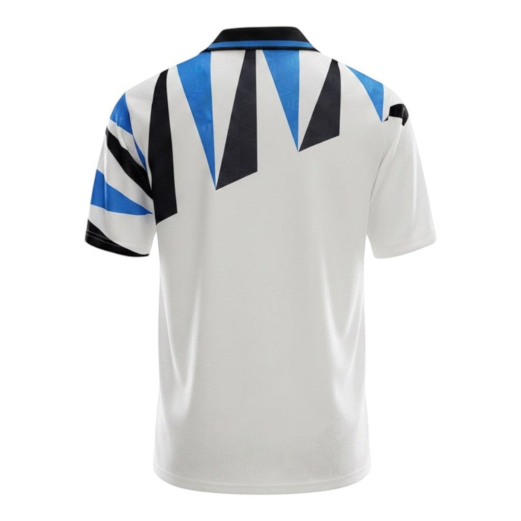 Hinchas Sportswear Store Inter Milan 1992 retro away jersey, white with blue and black geometric pattern, polo collar.