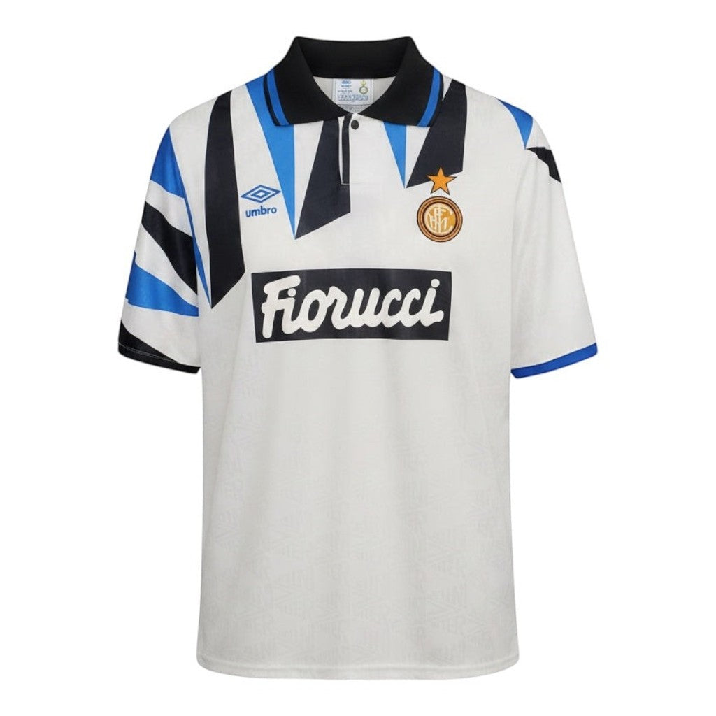 Hinchas Sportswear Store Inter Milan 1992 retro away jersey. White with blue and black geometric pattern, Fiorucci sponsor, Umbro logo, and Inter crest.