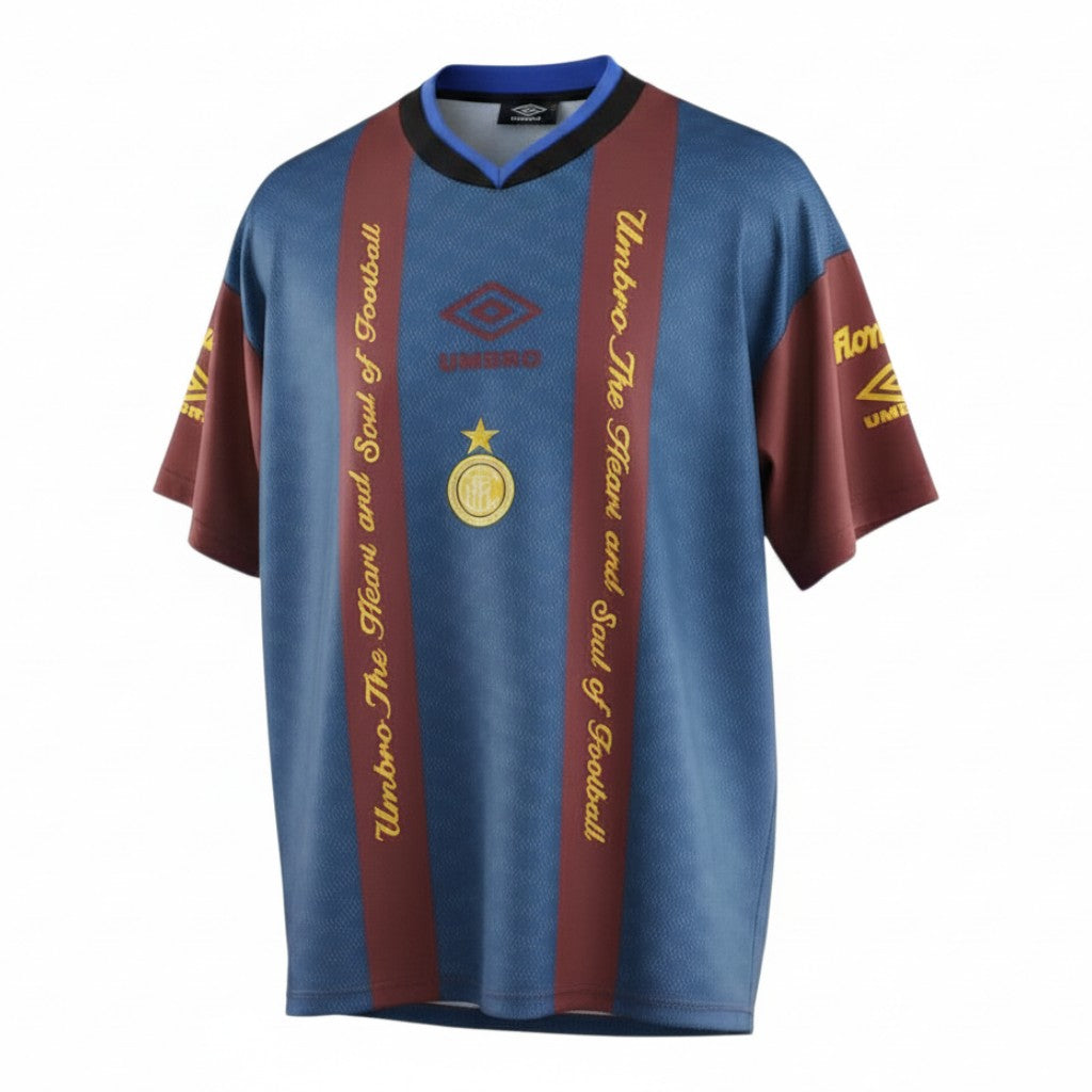 Hinchas Sportswear Store: Inter Milan 1993 retro jersey, steel blue with burgundy stripes, Umbro logos, Fiorucci sponsor, gold star crest.