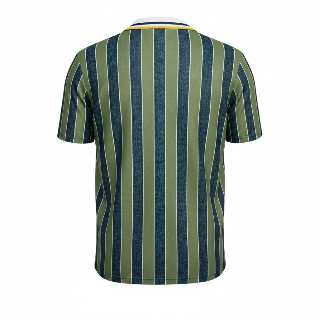 Hinchas Sportswear Store Inter Milan 1995 retro jersey with olive green and navy vertical stripes, textured fabric, and white/yellow/navy collar.