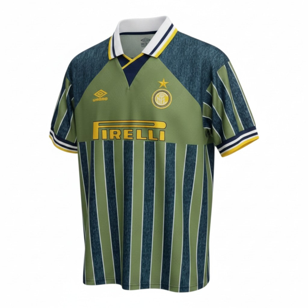 Hinchas Sportswear Store Inter Milan 1995 retro jersey, olive green and navy vertical stripes, Pirelli sponsor, Umbro logo.