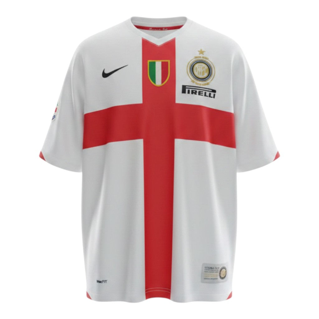 Hinchas Sportswear Store white Inter Milan 2006-07 away jersey with red cross, Pirelli sponsor, Scudetto badge, and Nike Dri-FIT.