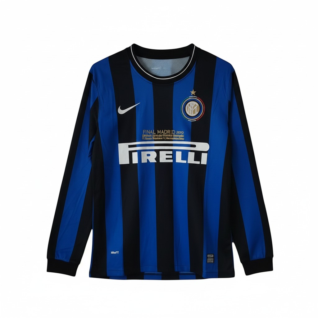 Hinchas Sportswear Store Inter Milan 2009-10 UCL Final long sleeve jersey, blue and black stripes, NikeFit, Pirelli sponsor.