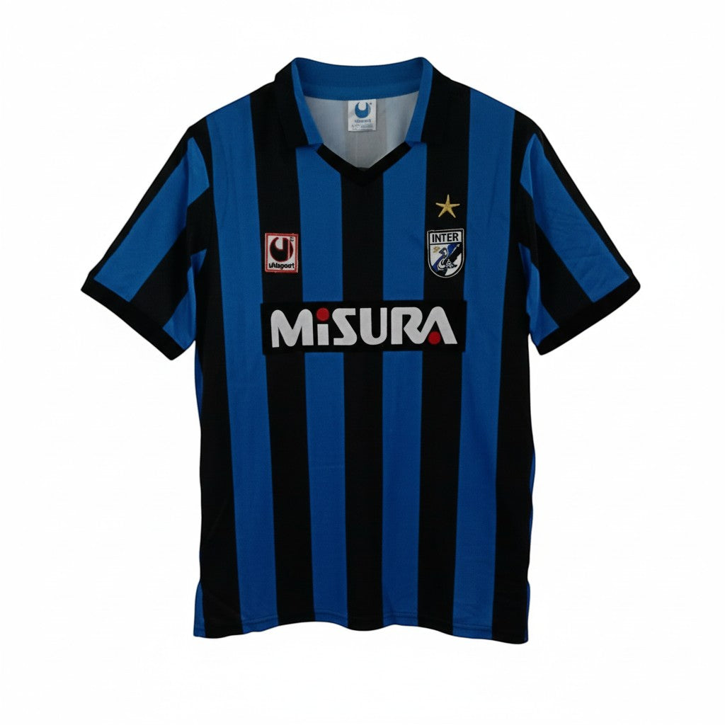 Hinchas Sportswear Store Inter Milan 1988-91 retro home jersey with blue and black vertical stripes, Uhlsport logo, and Misura sponsor.