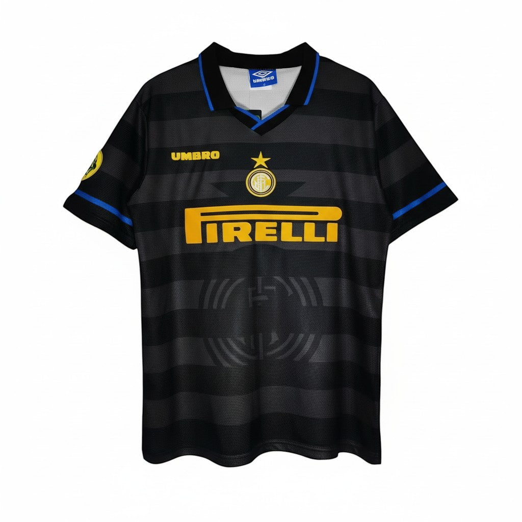 Hinchas Sportswear Store Inter Milan 1997-98 retro third jersey. Black with blue trim, yellow Umbro logo and Pirelli sponsor.