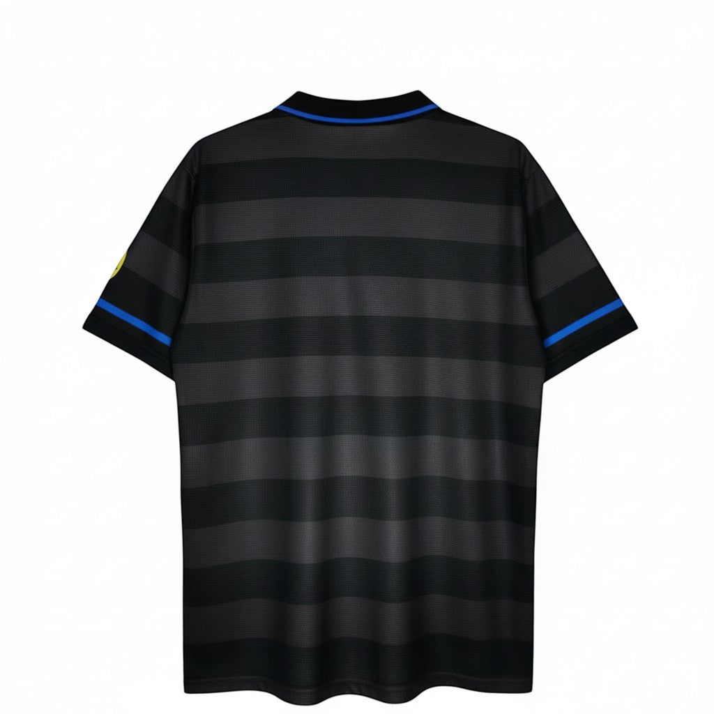 Hinchas Sportswear Store Inter Milan 1997-98 retro third jersey, black with grey stripes, blue trim, and yellow Umbro logo.
