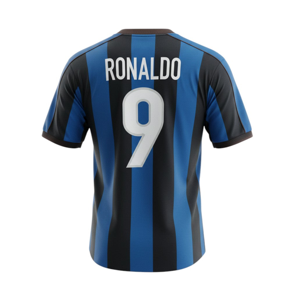 Hinchas Sportswear Store Inter Milan retro jersey 1998/99, blue and black stripes, Ronaldo #9 on back, polyester blend.