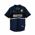 Hinchas Sportswear Store Inter Milan 1998-99 Ronaldo Era navy blue retro jersey with black and white chest band, gold Nike swoosh, and Pirelli logo.