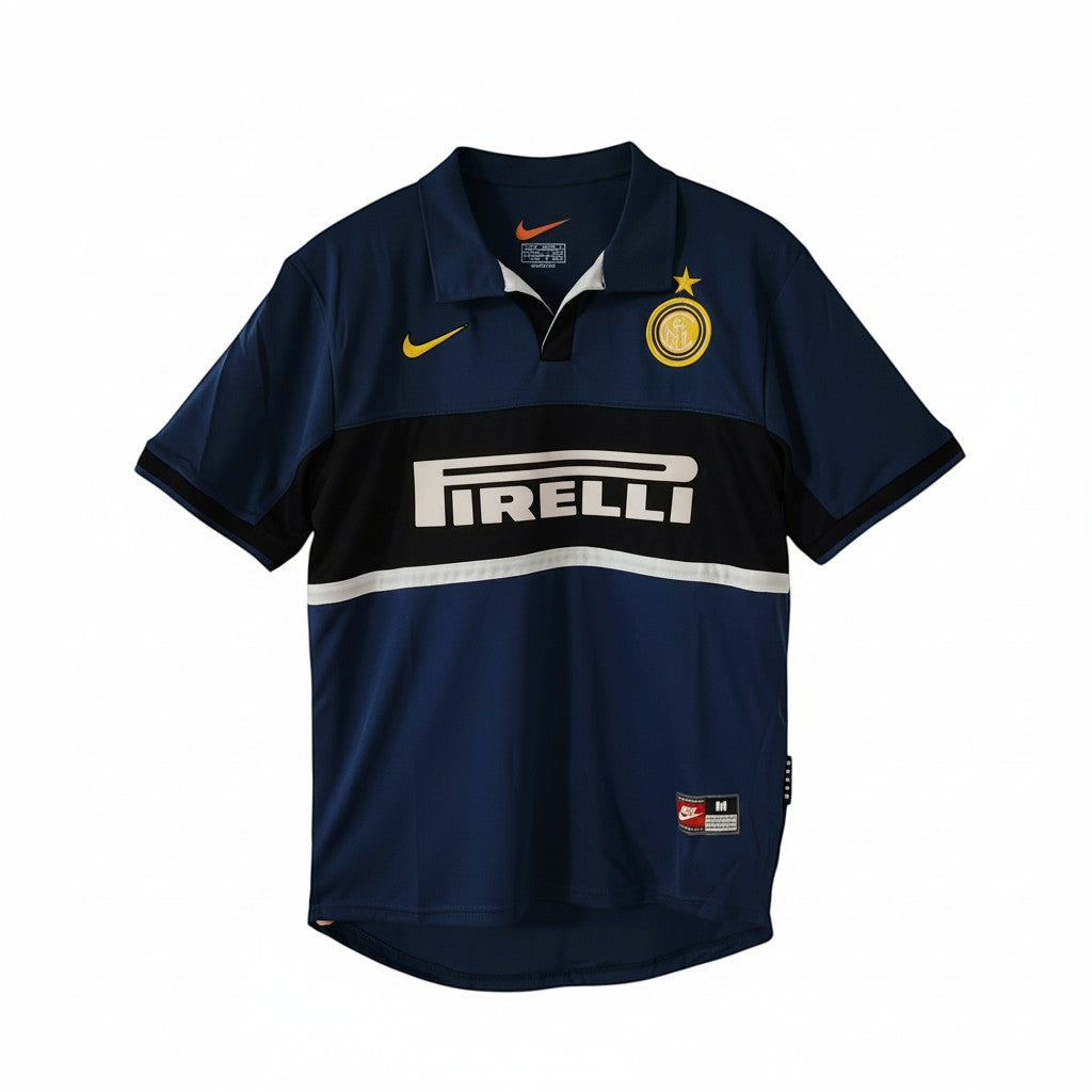 Hinchas Sportswear Store Inter Milan 1998-99 Ronaldo Era navy blue retro jersey with black and white chest band, gold Nike swoosh, and Pirelli logo.