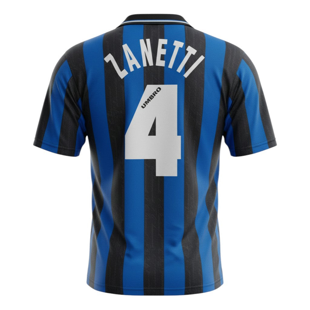 Hinchas Sportswear Store Inter Milan 96-97 Zanetti #4 blue and black striped retro football jersey.