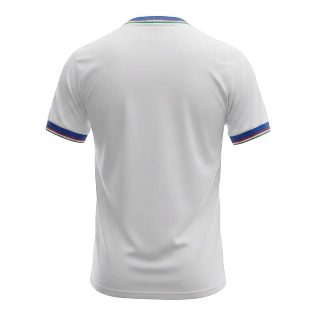 Hinchas Sportswear Store white Italy 1982 World Cup away jersey with royal blue trim and Italian tricolor details on collar and cuffs.