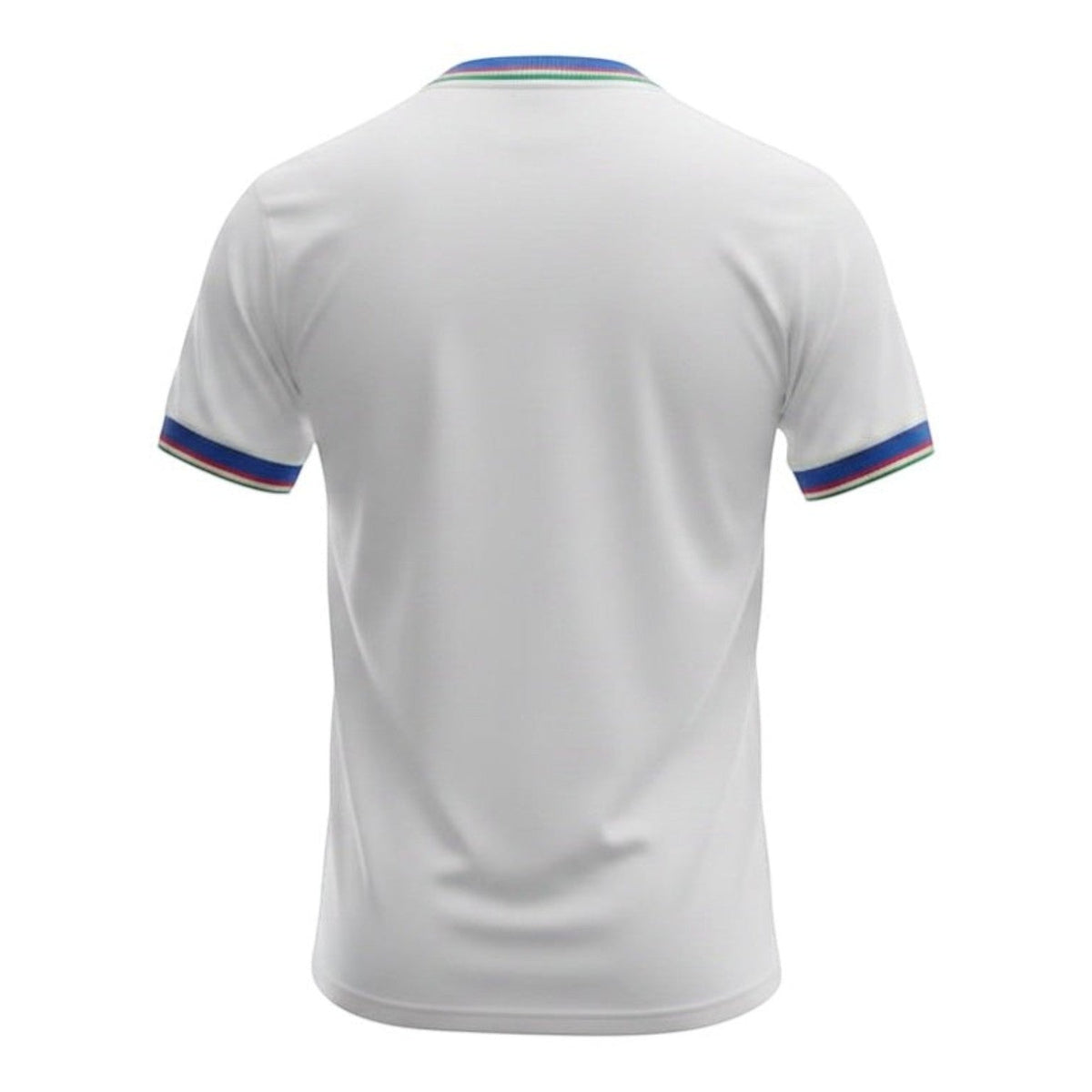 Hinchas Sportswear Store white Italy 1982 World Cup away jersey with royal blue trim and Italian tricolor details on collar and cuffs.