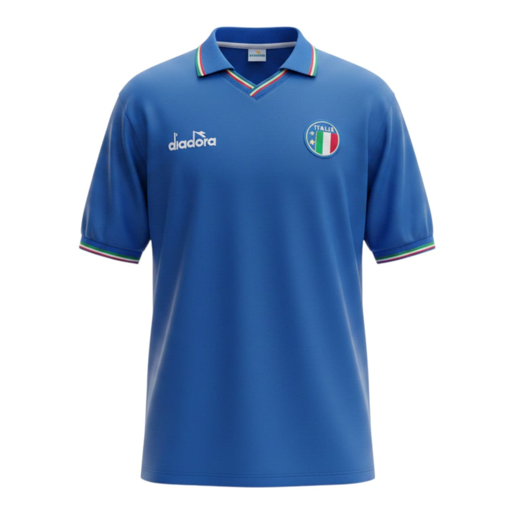 Hinchas Sportswear Store blue 1986 Italy Diadora retro football jersey with tricolor collar and cuffs.