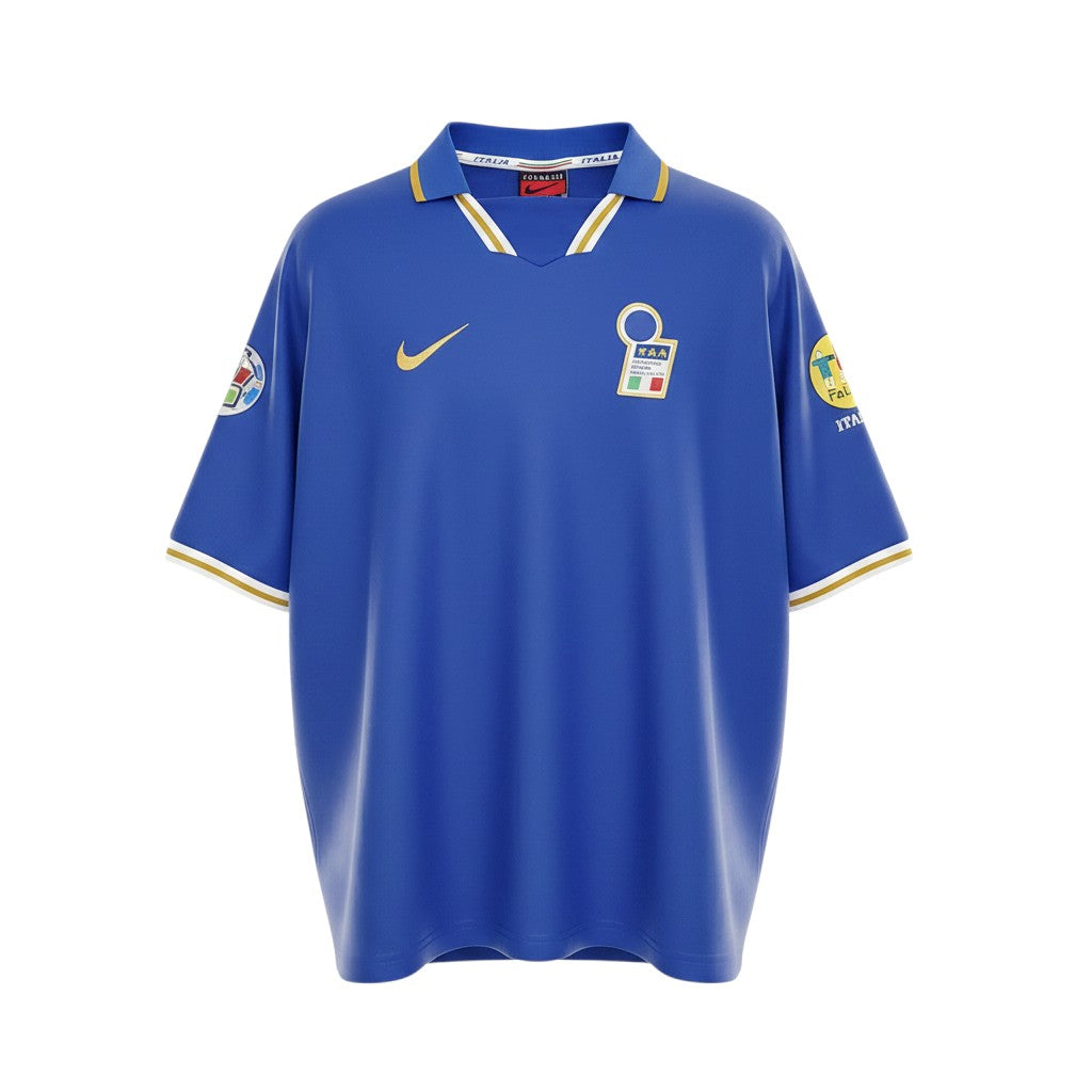 Hinchas Sportswear Store Italy 1996 retro home jersey. Azzurro blue Nike Premier shirt with gold trim, polo collar, and FIGC crest.