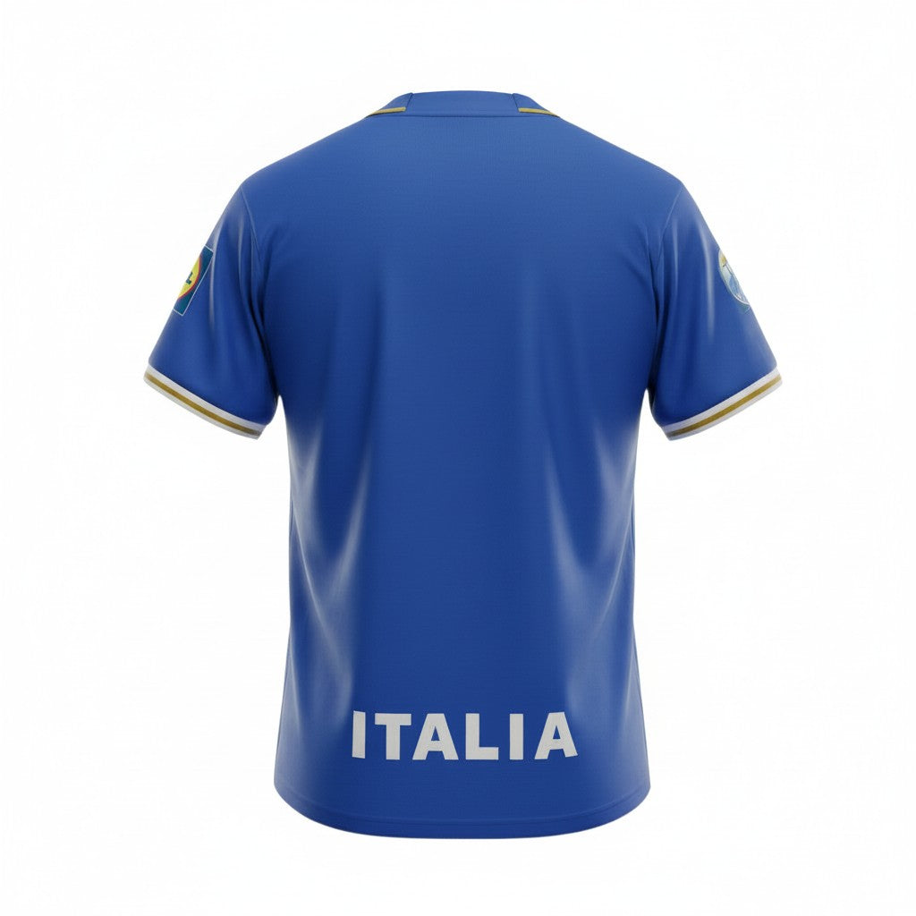 Hinchas Sportswear Store Italy 1996 retro home jersey in azzurro blue with gold and white trim, 'ITALIA' on back.