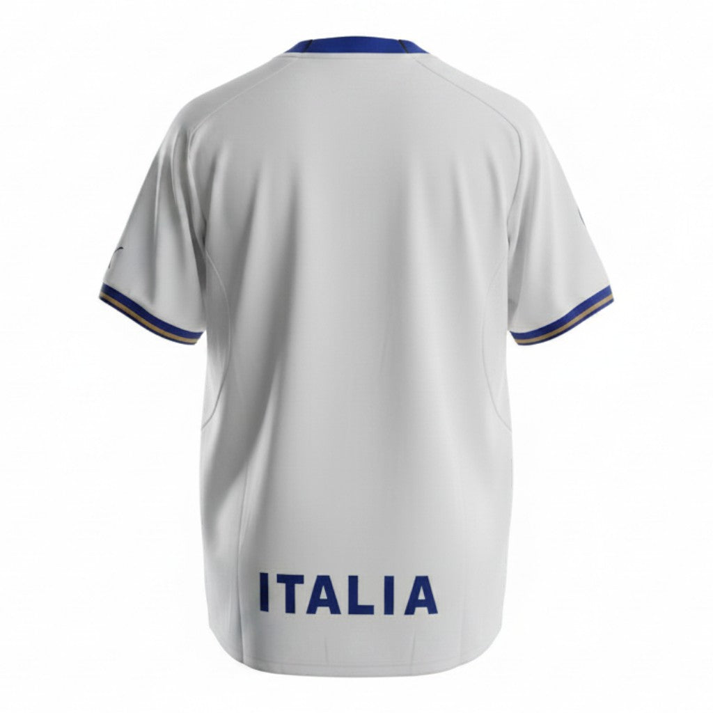 Hinchas Sportswear Store white Italy 1996 retro jersey with royal blue and gold trim. Features 'ITALIA' text on the back.