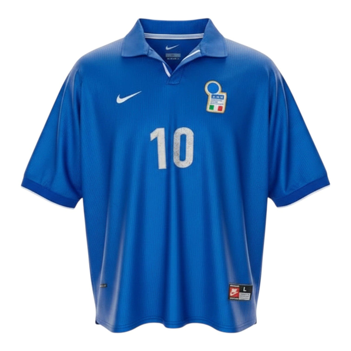 Hinchas Sportswear Store blue Nike Italy 1998 World Cup Del Piero #10 retro jersey with ribbed pattern, polo collar, and FIGC crest.
