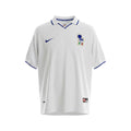 Hinchas Sportswear Store white Italy 1998 World Cup away jersey with navy blue collar trim and cuffs, featuring a navy Nike swoosh and FIGC crest.