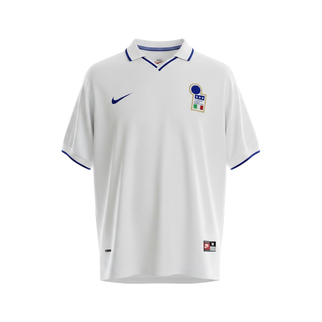 Hinchas Sportswear Store white Italy 1998 World Cup away jersey with navy blue collar trim and cuffs, featuring a navy Nike swoosh and FIGC crest.