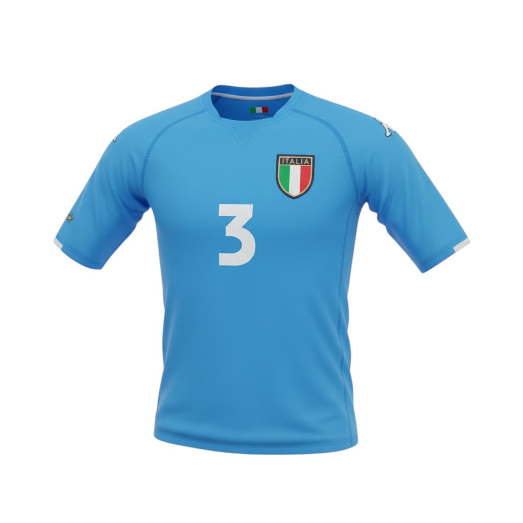 Hinchas Sportswear Store blue Italy 2000 retro jersey with number 3 and Italia crest. Features Kappa branding and three stars on sleeve.