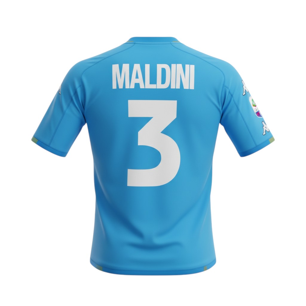 Hinchas Sportswear Store Italy 2000 retro jersey with Maldini 3 on back. Blue short-sleeve football shirt with Kappa logos.