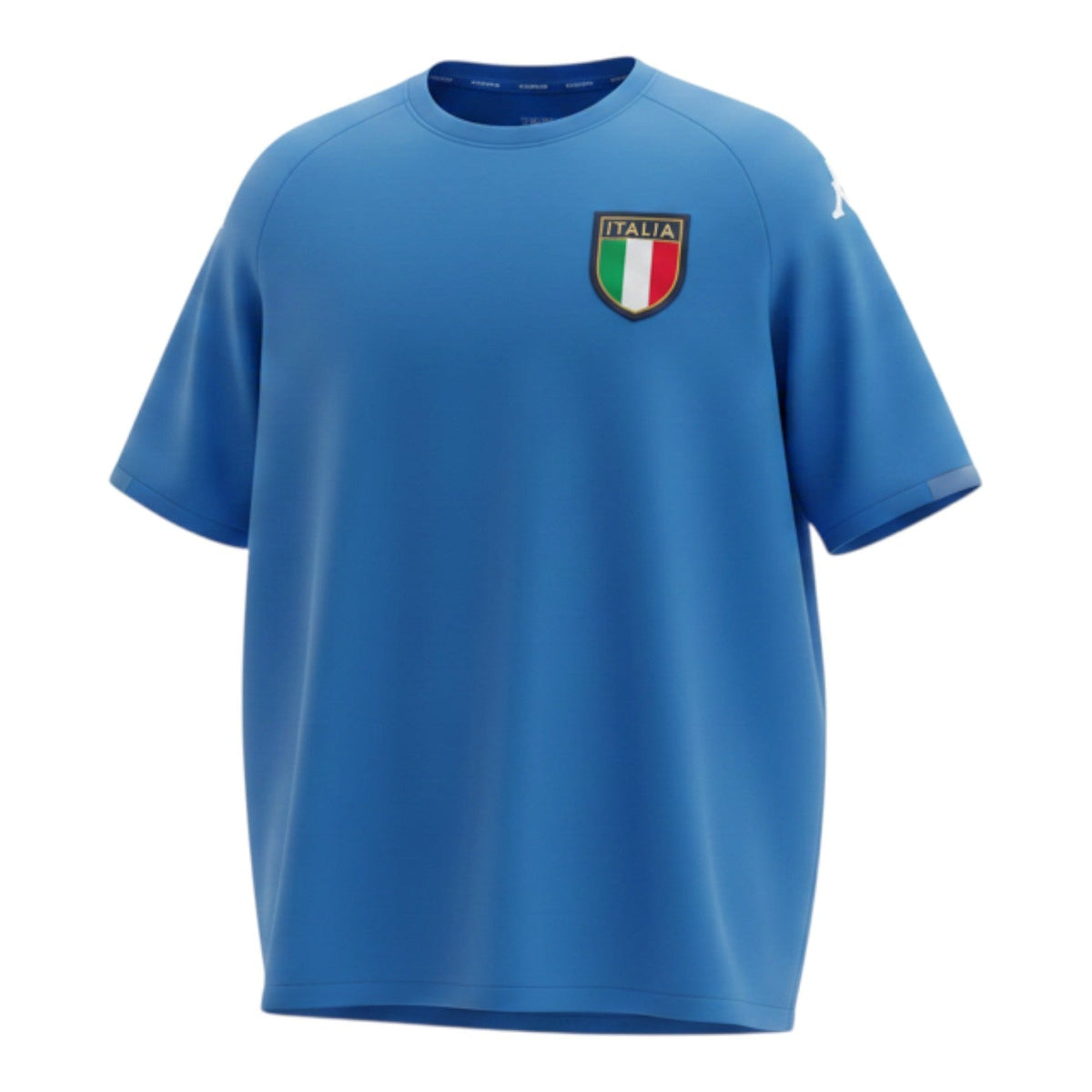 Hinchas Sportswear Store retro Italy 2000 home jersey in azzurro blue with navy side panels, white Kappa Omini tape on shoulders with gold stars, and FIGC crest.
