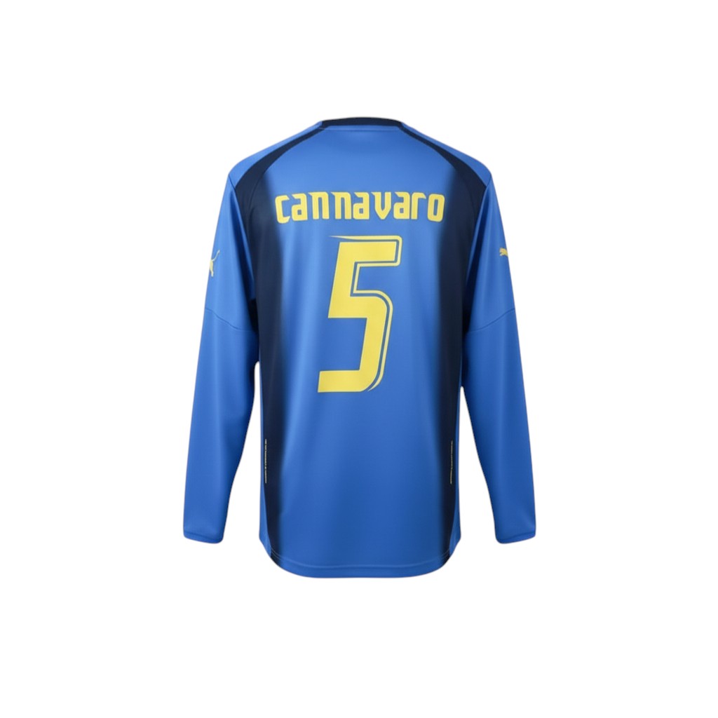 Hinchas Sportswear Store Italy 2006 World Cup long sleeve football jersey, Azzurro blue with navy panels, featuring Cannavaro #5 on the back.