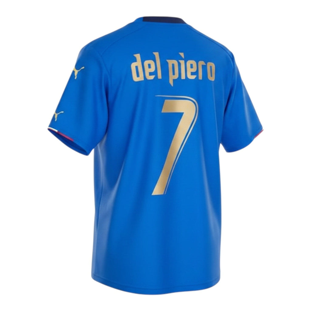 Hinchas Sportswear Store: Italy 2006 World Cup retro jersey #7 Del Piero in azzurro blue with gold lettering and navy side panels.