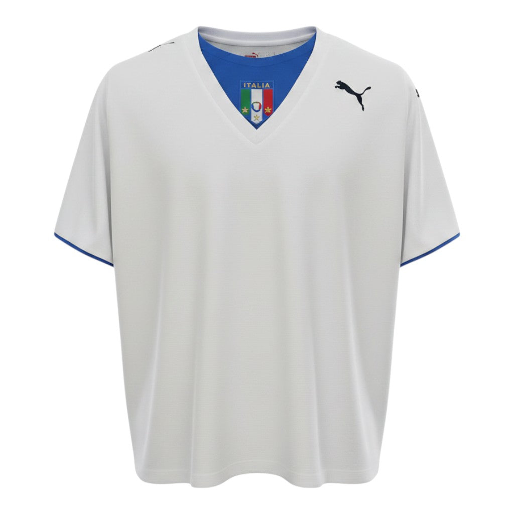 Hinchas Sportswear Store white Italy 2006 World Cup away jersey with blue V-neck collar and cuffs, Puma logos, and FIGC crest with 4 stars.