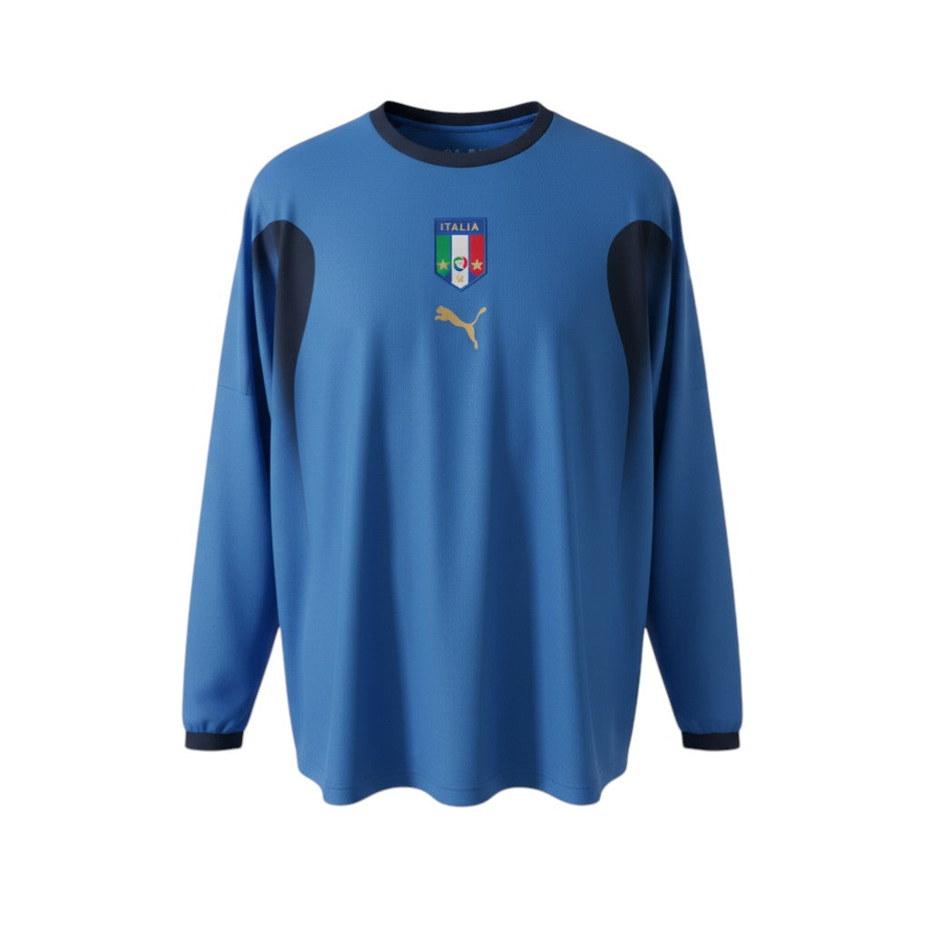 Hinchas Sportswear Store Italy 2006 World Cup long sleeve football jersey, Azzurro blue with navy panels, featuring Puma logo and Italia crest.