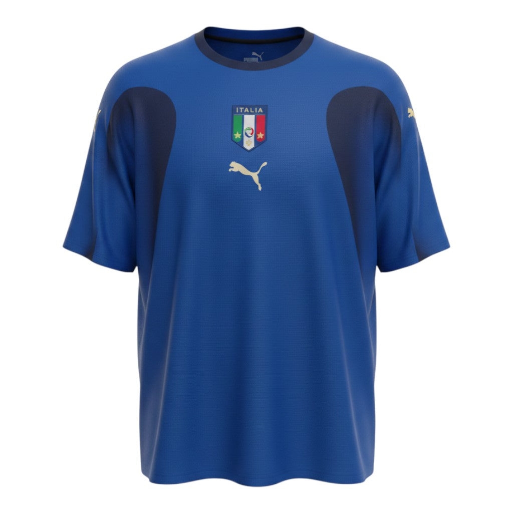 Hinchas Sportswear Store: Italy 2006 World Cup retro home jersey in azzurro blue by Puma, with navy shield panels and gold crest.