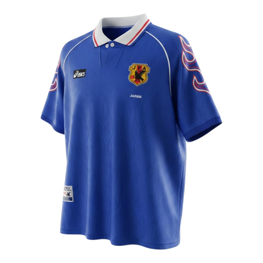 Hinchas Sportswear Store Japan 1998 retro home jersey, royal blue with white collar and flame pattern on shoulders.