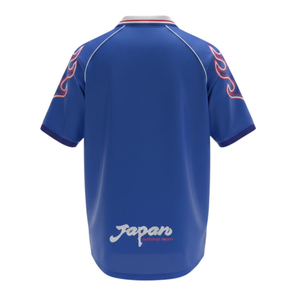 Hinchas Sportswear Store Japan 1998 retro home football jersey, royal blue with white piping and flame pattern on shoulders.