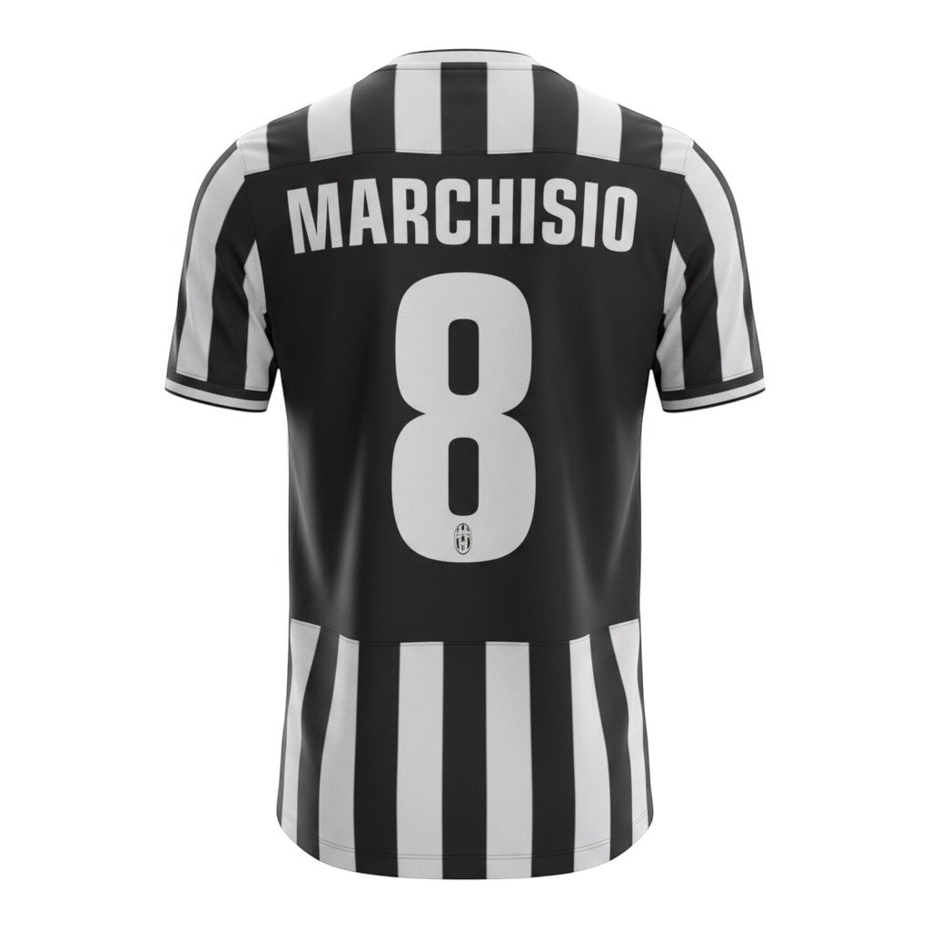 Hinchas Sportswear Store Juventus 2013 retro jersey with Marchisio #8 print. Black and white stripes, V-neck.