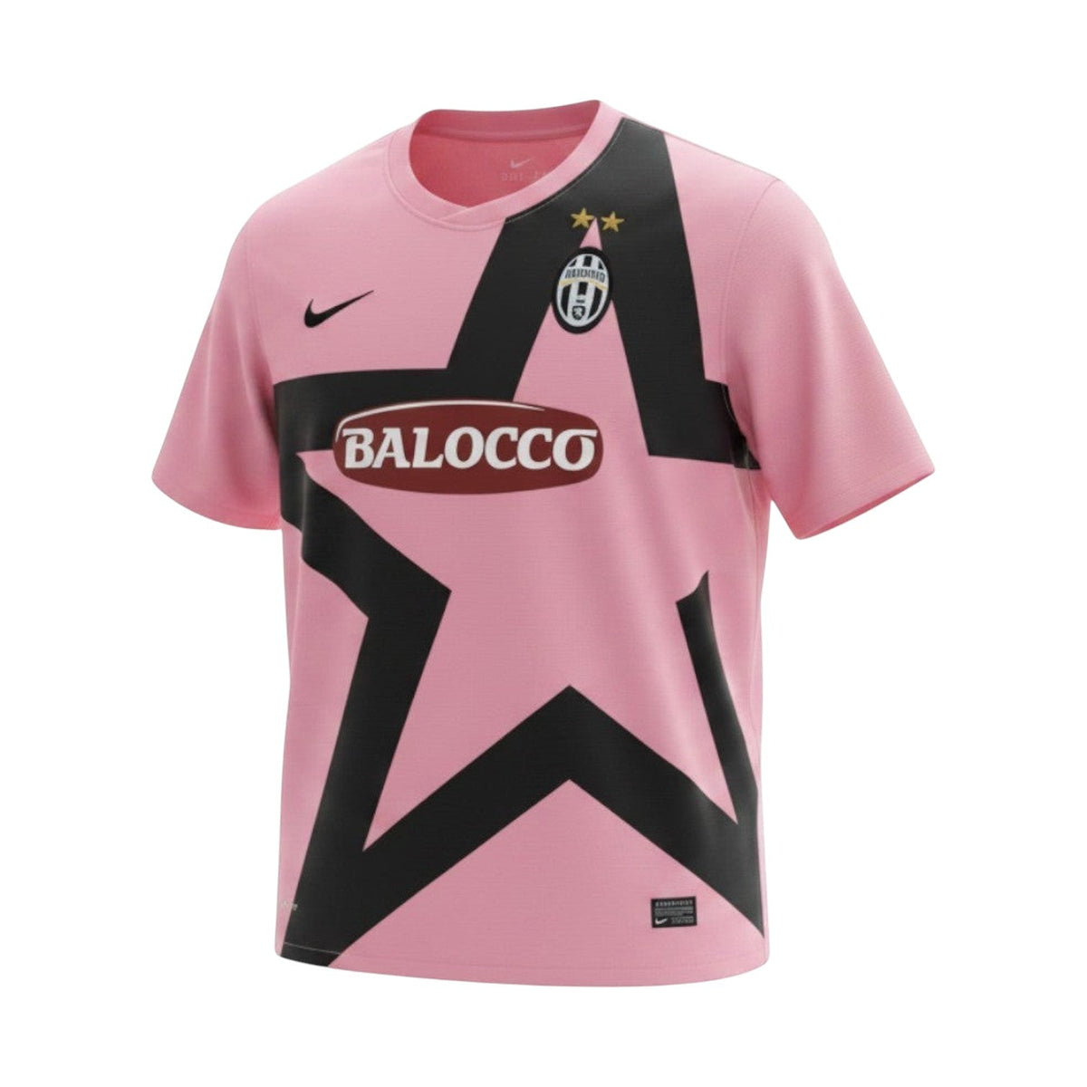 Hinchas Sportswear Store Juventus FC 2011/12 retro pink away jersey with black star graphic, Balocco sponsor, and #21 Pirlo detail.