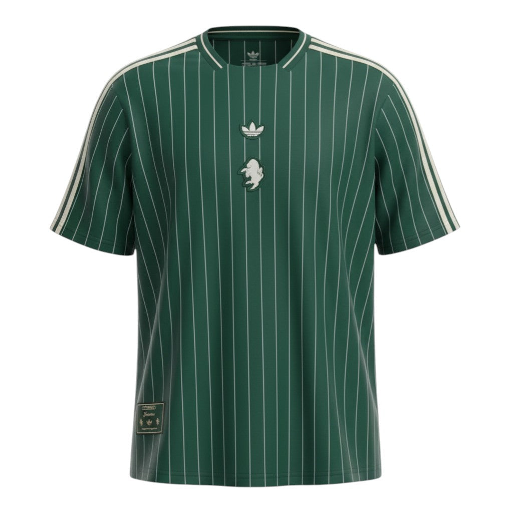 Hinchas Sportswear Store Juventus retro jersey in deep forest green with cream pinstripes and Adidas Originals branding.