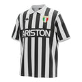 Hinchas Sportswear Store Juventus FC 1984/85 retro home jersey with black and white stripes, white polo collar, Ariston sponsor, and tricolor crest.