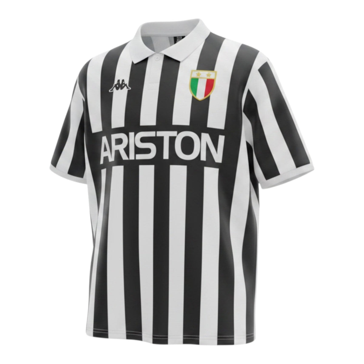 Hinchas Sportswear Store Juventus FC 1984/85 retro home jersey with black and white stripes, white polo collar, Ariston sponsor, and tricolor crest.