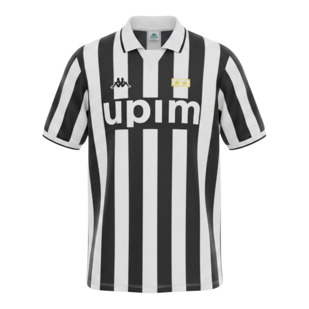 Hinchas Sportswear Store Juventus FC 1991/92 retro home jersey, black and white stripes, white polo collar, Upim sponsor.